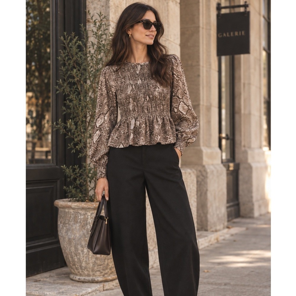 NWT Pilcro Smocked Snake Blouse Peplum Top Size Medium Brown